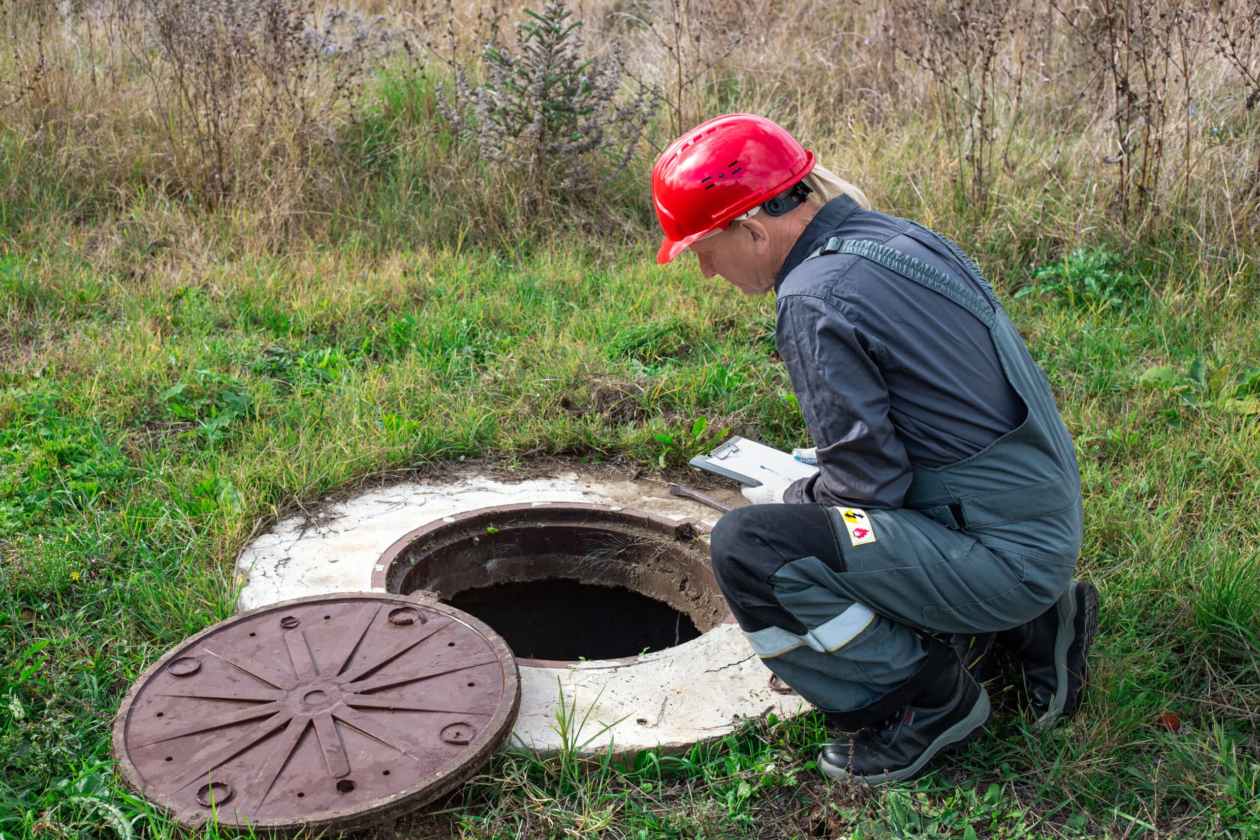 A male plumber in overalls and a helmet near a water well writes down the measurements taken and the readings of the water meter A male plumber in overalls and a helmet near a water well writes down the measurements taken and the readings of the water meter.